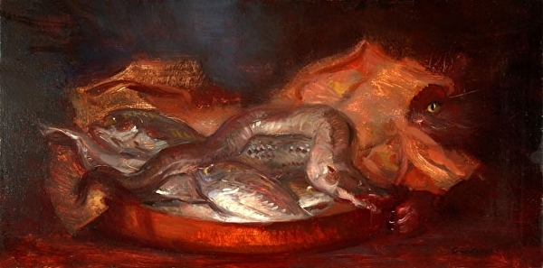 The Eel and the Cat by Keith Gunderson Oil ~ 12 x 24